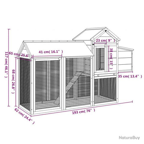Poulailler enclos pour poules en bois massif de pin - 193 x 65 x 117 cm